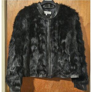 G by Giuliana Rancic 1X Zippered Black Faux Fox Fur and Faux Leather Moto Jacket